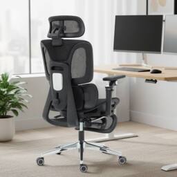 HOMCOM Ergonomic Office Chair, Mesh Desk Chair with Lumbar Support, Footrest in Black - thumbnail 1