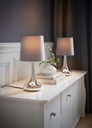 ValueLights Teardrop Pair Compact Fabric Shades Brushed Chrome Touch Table Lamps in Grey - thumbnail 1
