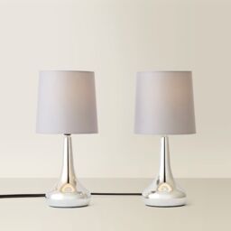 ValueLights Teardrop Pair Compact Fabric Shades Brushed Chrome Touch Table Lamps in Grey - thumbnail 3