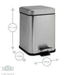 Harbour Housewares Square Bathroom Pedal Bin - 3L Stainless Steel Slim Rubbish Dustbin in Metallic Silver - thumbnail 3