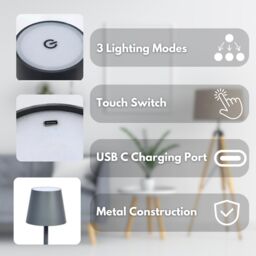 Marco Paul Pack of 2 Slate Metal Rechargeable Table Lamp 33cm in Grey - thumbnail 5