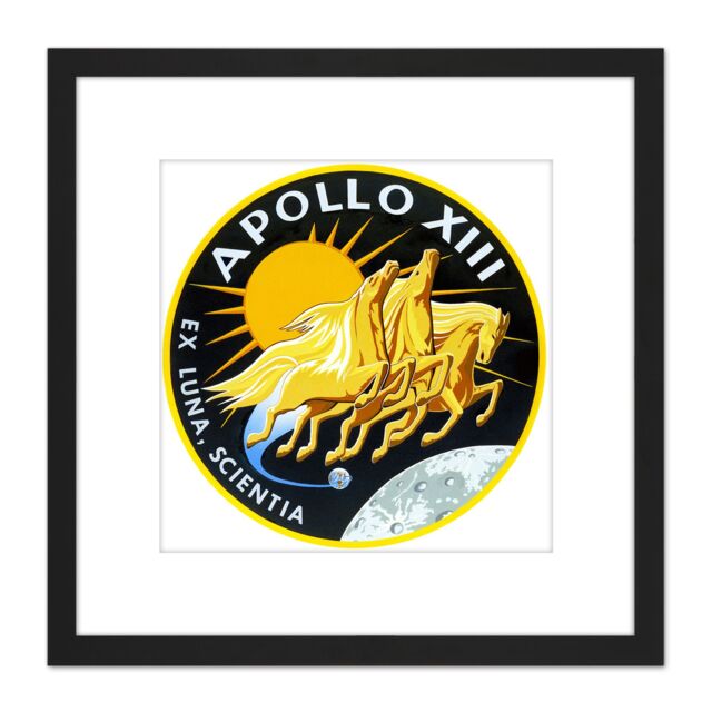 Artery8 Space NASA Apollo 13 Mission Emblem Badge Patch 8X8 Inch Square Wooden Framed Wall Art Print Picture with Mount in Black - image 1