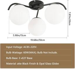 Goeco Modern Ceiling Light, Made of White Glass Globe, Round Glass Light, E27 in Black - thumbnail 2
