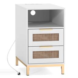 Gymax Narrow Rattan Side Table with Charging Station 2 Drawers Nightstand in White