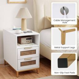 Gymax Narrow Rattan Side Table with Charging Station 2 Drawers Nightstand in White - thumbnail 7