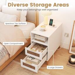 Gymax Narrow Rattan Side Table with Charging Station 2 Drawers Nightstand in White - thumbnail 2