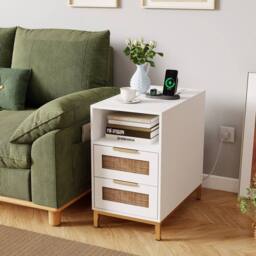 Gymax Narrow Rattan Side Table with Charging Station 2 Drawers Nightstand in White - thumbnail 4
