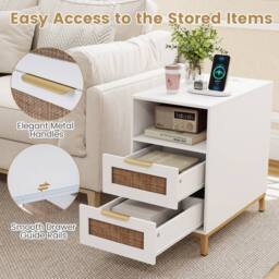 Gymax Narrow Rattan Side Table with Charging Station 2 Drawers Nightstand in White - thumbnail 3