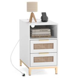 Gymax Narrow Rattan Side Table with Charging Station 2 Drawers Nightstand in White - thumbnail 8