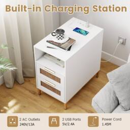 Gymax Narrow Rattan Side Table with Charging Station 2 Drawers Nightstand in White - thumbnail 5