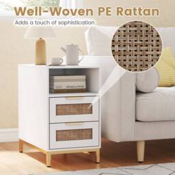 Gymax Narrow Rattan Side Table with Charging Station 2 Drawers Nightstand in White - thumbnail 6
