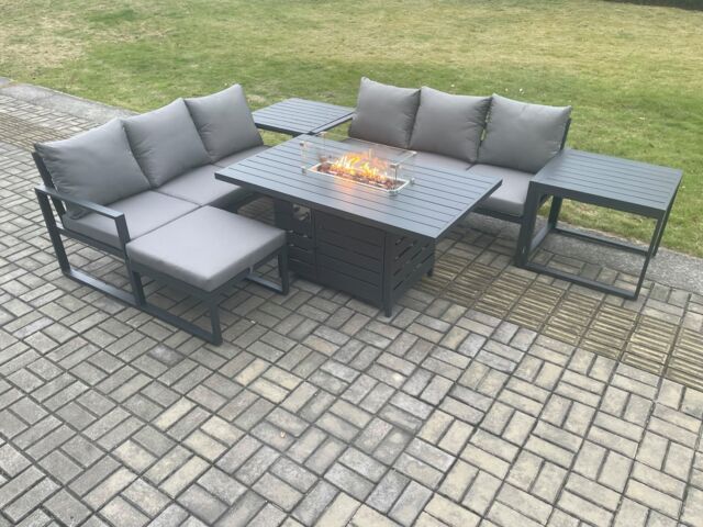 Fimous Aluminium 7 Seater Outdoor Garden Furniture Lounge Sofa Set Gas Fire Pit Dining Table with Big Footstool in Dark Grey - image 1