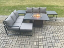 Fimous Aluminium 7 Seater Outdoor Garden Furniture Lounge Sofa Set Gas Fire Pit Dining Table with Big Footstool in Dark Grey - thumbnail 2