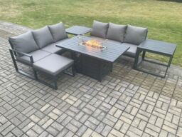 Fimous Aluminium 7 Seater Outdoor Garden Furniture Lounge Sofa Set Gas Fire Pit Dining Table with Big Footstool in Dark Grey - thumbnail 1