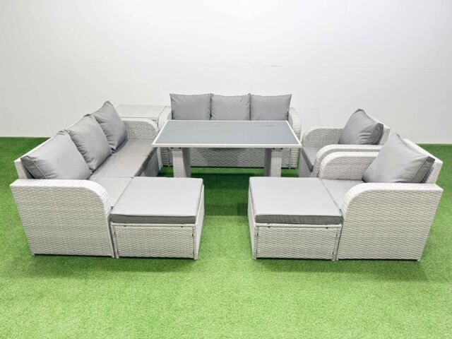 Fimous 10 Seater Rattan Furniture Outdoor Reclining Chair Sets in Light Grey