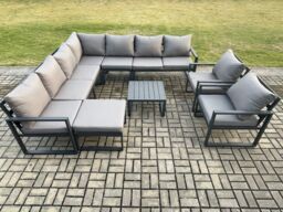 Fimous Outdoor Garden Furniture Patio Lounge Corner Sofa Aluminium Set with Square Coffee Table Big Footstool 2 Chair Dark Grey - thumbnail 2