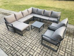 Fimous Outdoor Garden Furniture Patio Lounge Corner Sofa Aluminium Set with Square Coffee Table Big Footstool 2 Chair Dark Grey - thumbnail 1