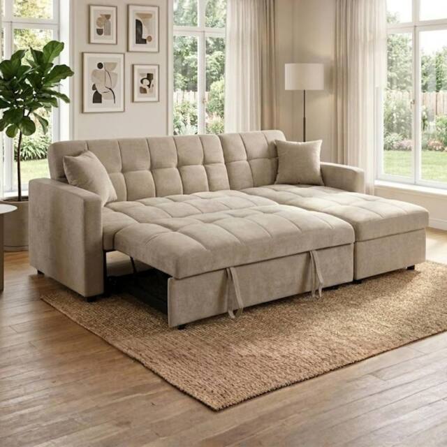Bed Time UK Luxora L-Shaped Sofa Bed Beige Storage Chaise 3 Seater Sectional - image 1