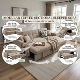 Bed Time UK Luxora L-Shaped Sofa Bed Beige Storage Chaise 3 Seater Sectional - thumbnail 3