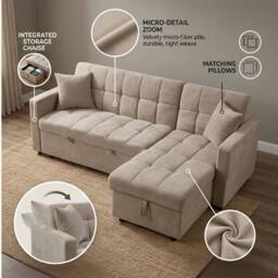 Bed Time UK Luxora L-Shaped Sofa Bed Beige Storage Chaise 3 Seater Sectional - thumbnail 6