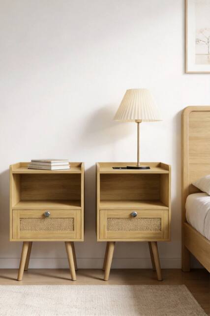 H&O Direct Set of 2 Bedside Tables with Charging Station & Drawer in Natural - image 1