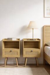 H&O Direct Set of 2 Bedside Tables with Charging Station & Drawer in Natural - thumbnail 1