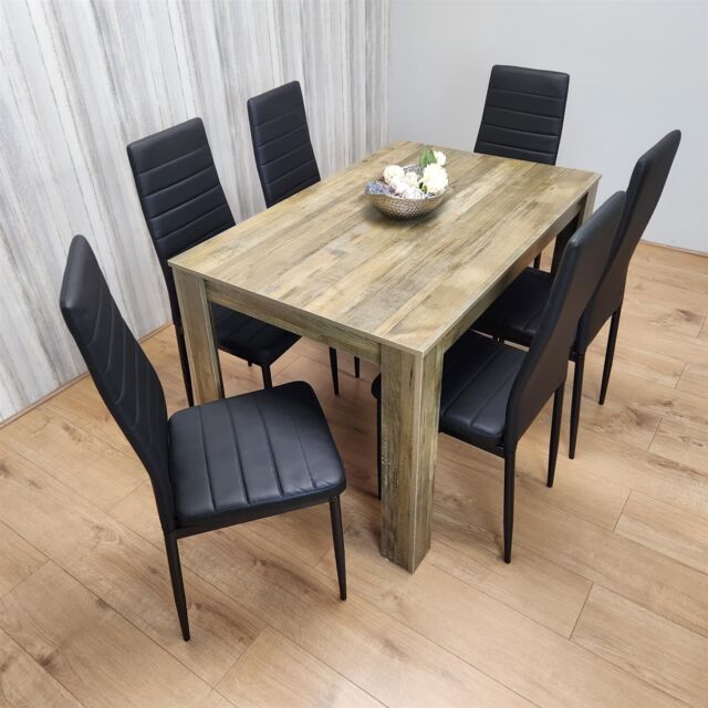 KOSY KOALA Dining Table & 6 Chairs - Rustic Effect Dining Table With 6 Black Velvet Chairs Dining Furniture Set in Brown - image 1