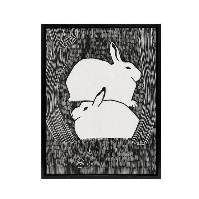 "Artery8 Two Stylised Snow Hares Samuel J De Mesquita Framed Canvas Wall Art in Black - Size: W12"" x H16""" - image 1