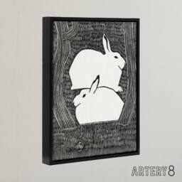 "Artery8 Two Stylised Snow Hares Samuel J De Mesquita Framed Canvas Wall Art in Black - Size: W12"" x H16""" - thumbnail 2