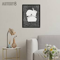 "Artery8 Two Stylised Snow Hares Samuel J De Mesquita Framed Canvas Wall Art in Black - Size: W12"" x H16""" - thumbnail 3