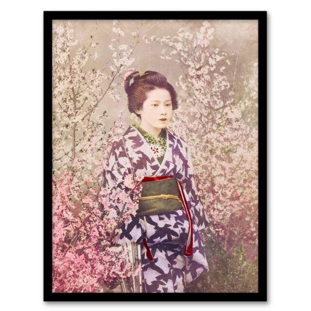 Artery8 Ogawa Kazumasa Framed Wall Art Print Geisha & Cherry Blossom in Pink - Size: A4 - image 1