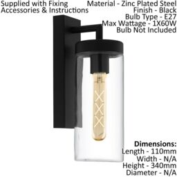 Loops IP44 Outdoor Wall Light Black & Clear Glass shade 1x 60W E27 Bulb Porch Lamp - thumbnail 2