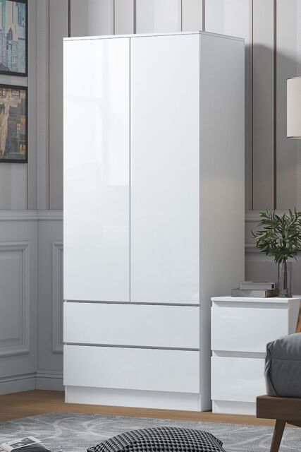 FWStyle Stora 2 Door 2 Drawer Wardrobe White Gloss (H) 180.5 (W) 80 (D) 50cm - image 1