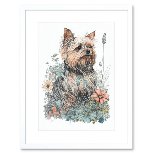 "Artery8 Wall Art Print Yorkshire Terrier Dog in Wildflowers Bright Watercolour Artwork Framed 9X7 Inch in White - Size: W7"" x H9""" - image 1