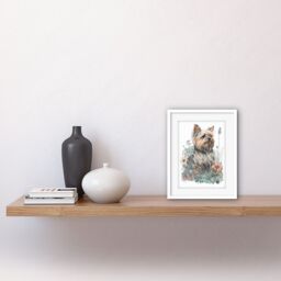 "Artery8 Wall Art Print Yorkshire Terrier Dog in Wildflowers Bright Watercolour Artwork Framed 9X7 Inch in White - Size: W7"" x H9""" - thumbnail 2
