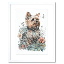 "Artery8 Wall Art Print Yorkshire Terrier Dog in Wildflowers Bright Watercolour Artwork Framed 9X7 Inch in White - Size: W7"" x H9""" - thumbnail 1