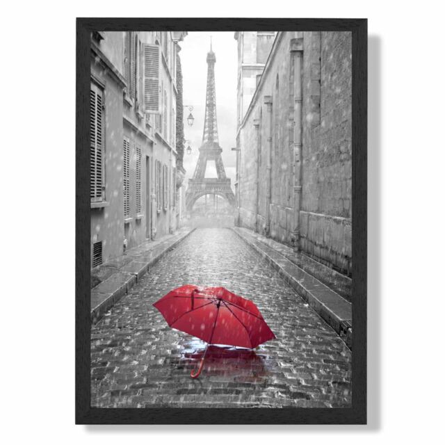 ARTZE Red Umbrella in Paris with Eiffel Tower Framed Print SIZE: A3 with Black Frame - Size: A4 - image 1