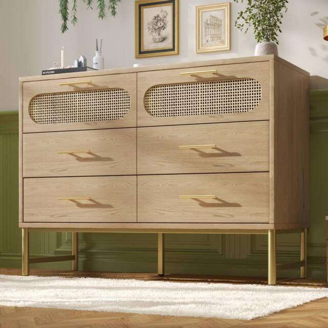 Merax Oak Rattan Chest Of Drawers Sideboards with Six Drawers in Natural - image 1