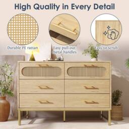 Merax Oak Rattan Chest Of Drawers Sideboards with Six Drawers in Natural - thumbnail 3