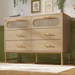 Merax Oak Rattan Chest Of Drawers Sideboards with Six Drawers in Natural