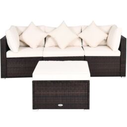 Costway 4Piece Patio Furniture Set Outdoor Rattan Wicker Sofa & Ottoman Set in White - thumbnail 5