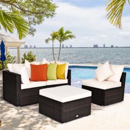 Costway 4Piece Patio Furniture Set Outdoor Rattan Wicker Sofa & Ottoman Set in White - thumbnail 4