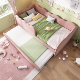 Rolipo Pink Velvet Daybed With Trundle 3FT Single Upholstered Guest Bed - thumbnail 8