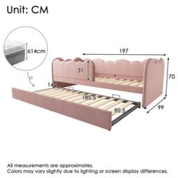 Rolipo Pink Velvet Daybed With Trundle 3FT Single Upholstered Guest Bed - thumbnail 2