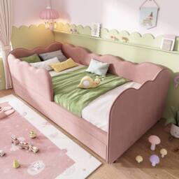 Rolipo Pink Velvet Daybed With Trundle 3FT Single Upholstered Guest Bed