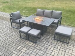 Fimous Aluminium Outdoor Garden Furniture Set Gas Fire Pit Dining Table Set Gas Heater Burner with 3 Footstools Dark Grey 7 Seater - thumbnail 2