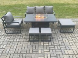 Fimous Aluminium Outdoor Garden Furniture Set Gas Fire Pit Dining Table Set Gas Heater Burner with 3 Footstools Dark Grey 7 Seater - thumbnail 1
