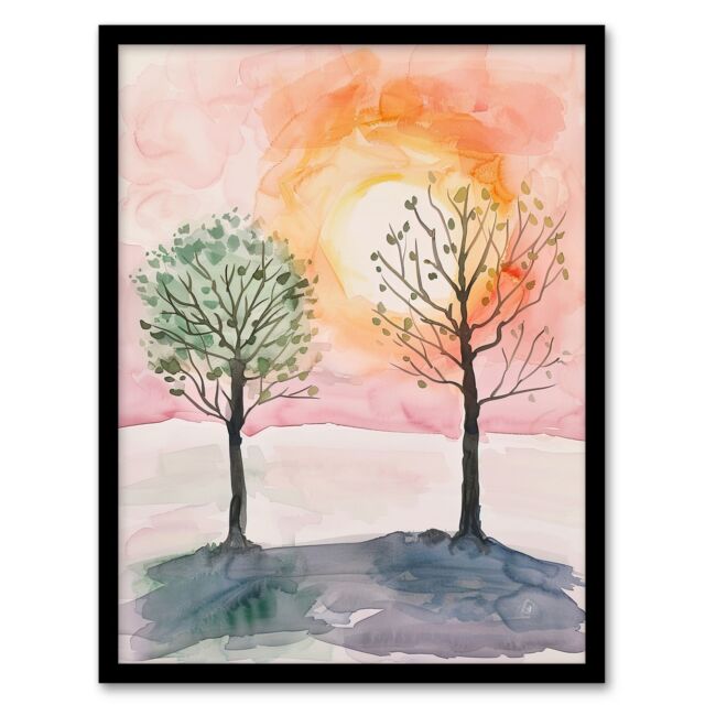 Artery8 Two Summer Trees in Pink Orange Sunset Landscape Framed Wall Art - Size: A4 - image 1