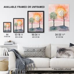 Artery8 Two Summer Trees in Pink Orange Sunset Landscape Framed Wall Art - Size: A4 - thumbnail 3
