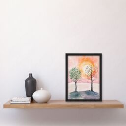 Artery8 Two Summer Trees in Pink Orange Sunset Landscape Framed Wall Art - Size: A4 - thumbnail 4